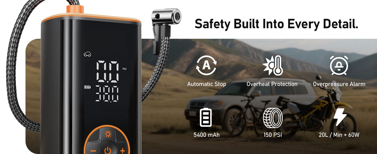 Safety features of Sockspree smart tire inflator including automatic stop, overheat protection, overpressure alarm, and a 5400mAh battery.