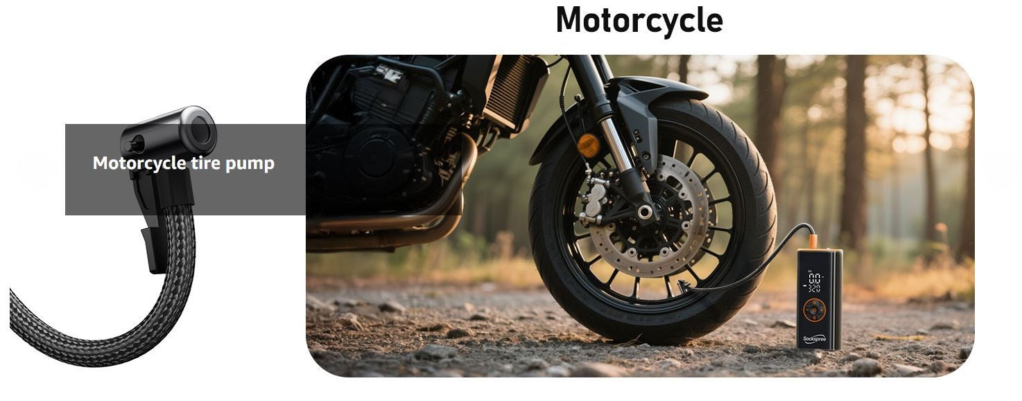 Sockspree portable air compressor used as a motorcycle tire pump for quick and easy roadside inflation.