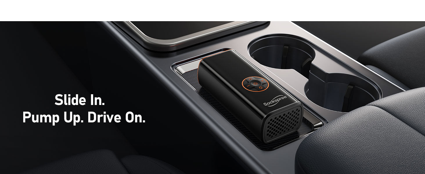 Compact Sockspree tire inflator designed to fit perfectly in a car cup holder for easy storage and ultra-portability.