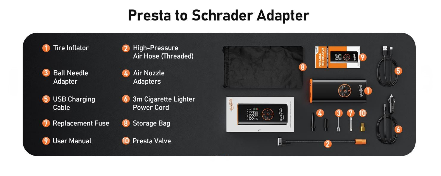 Full accessory kit for Sockspree air compressor including air hose, Presta to Schrader adapter, charging cables, fuse, and storage bag.