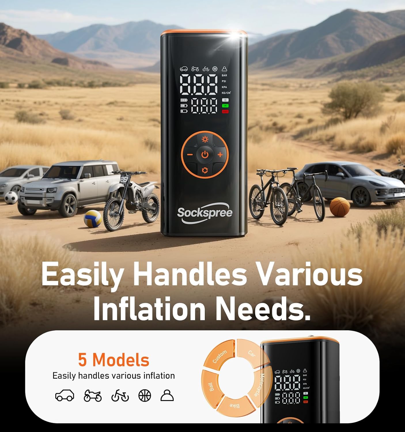 Sockspree portable tire inflator displaying 5 smart inflation modes for cars, motorcycles, bikes, and balls on a digital LCD screen.