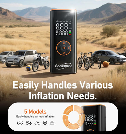 Sockspree portable tire inflator displaying 5 smart inflation modes for cars, motorcycles, bikes, and balls on a digital LCD screen.