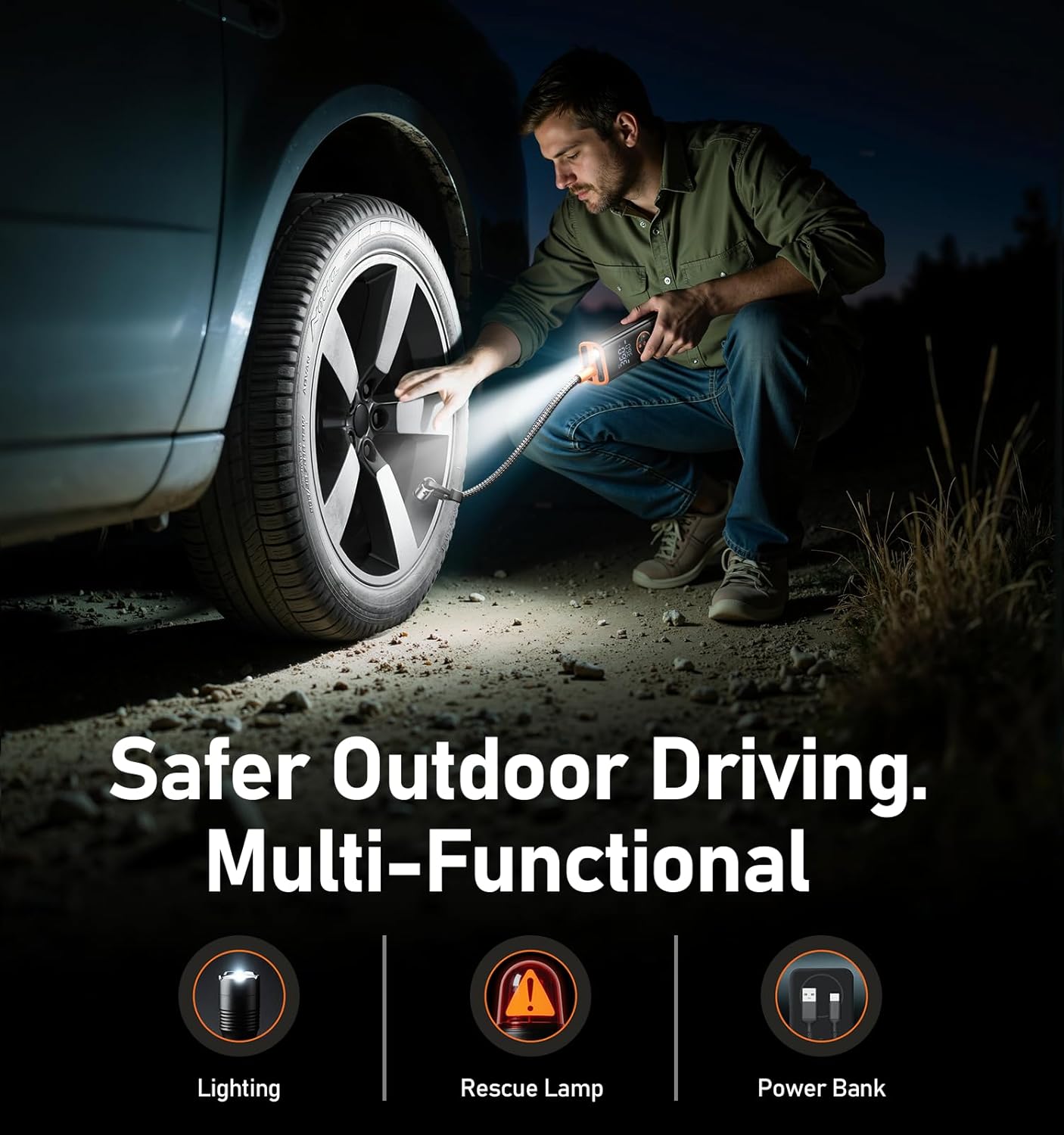 Man using Sockspree tire inflator with built-in LED emergency light for night roadside repairs and SOS rescue lamp functionality.
