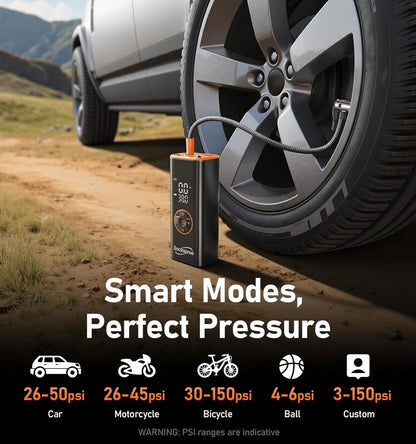 Sockspree smart tire inflator connected to a car tire showing specific pressure ranges for cars, bikes, and sports equipment up to 150 PSI.