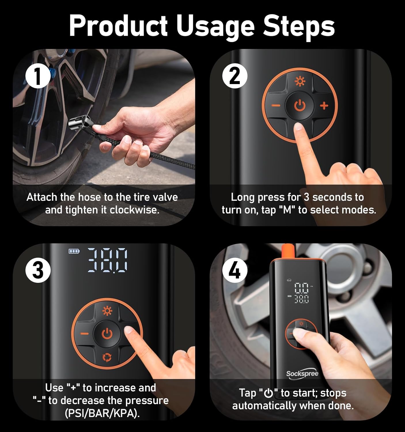 Step-by-step user guide for Sockspree tire pump showing hose connection, mode selection, pressure adjustment, and automatic shut-off function.