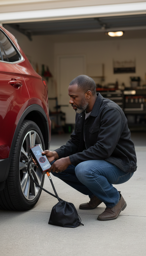 Man inflating a tire  using a Sockspree Tire Inflator in a garage.