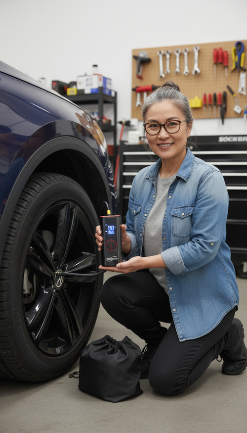 A woman holding a Sockspree tire Inflator next to a car in a garage.