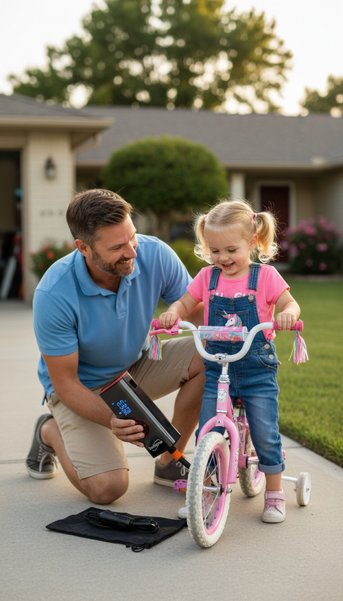 Man ifnlating tires of his girl's pink bicycle outdoors.
