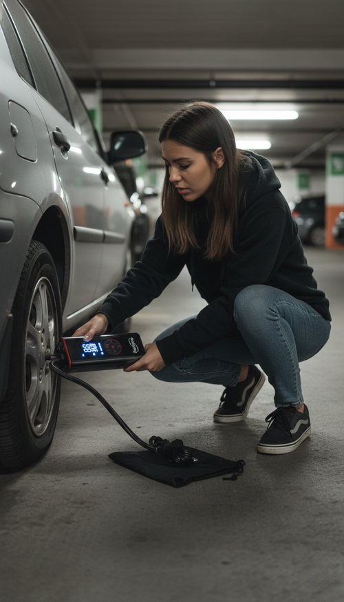 Person using a Sockspree tire inflator to inflate a car tire in a parking garage.
